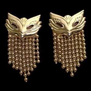 Opera Fox Masquerade Mask Waterfall Gold Tone Earrings 1.5"